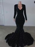 Niulatu Sequins Long Sleeves Mermaid Evening Dress Black Reception Dress HZ1007