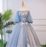 Niulatu blue tulle lace long prom dress blue evening dress HZ1007