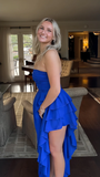 Niulatu Royal Blue Long Prom Dress Strapless Ruffle Layered Party Evening Gown HZ1007
