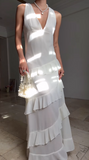 Niulatu White V Neck Chiffon Ruffle Prom Dress Backless Long Evening Dress HZ1007
