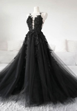 Niulatu Black Lace Tulle Long Prom Dress Black Evening Dress HZ0113