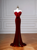 Niulatu Burgundy Velvet Slit Mermaid Evening Dress Long Prom Dress HZ1007