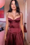 Niulatu A Line Straps Burgundy Satin Long Prom Dress Evening Dress HZ1007