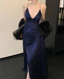 Niulatu Navy Blue V Neck Slit Evening Dress Long Prom Dress HZ1007