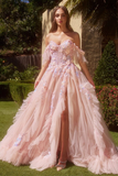 Niulatu Tulle Ruffles Appliques Evening Dress Pink Slit Off Shoulder Prom Dress HZ1007