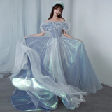 Niulatu tulle long A line prom dress blue evening gown HZ1007