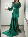 Niulatu Green Mermaid V Neck Satin Evening Dress Long Sleeves HZ1007