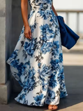 Niulatu Arrive Sleeveless Satin Floral Print Halter Neck A Line Evening Dress Blue Prom Dress HZ1007
