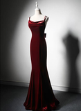 Niulatu Burgundy Spaghetti Straps Velvet Mermaid Prom Dress Evening Dress HZ0113