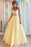 Niulatu Tulle A-line V-neck Lace Appliques Prom Dresses, Long Formal HZ1007