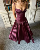 Niulatu A Line Straps Burgundy Satin Long Prom Dress Evening Dress HZ1007