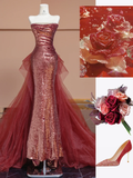 Niulatu Mermaid Strapless Red Sequin Tulle Long Prom Dress Party Dress HZ0113