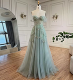 Niulatu Green A-Line Off The Shoulder Tulle Beaded Evening Dress Formal Prom Dress HZ1007