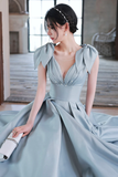 Niulatu Blue Satin Long Prom Dress A-Line Blue Evening Dress HZ1007