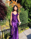 Niulatu Purple Satin Lace Appliques Evening Dress Slit Mermaid Prom Dress HZ1007
