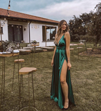 Niulatu A Line Deep V Neck Floor Length Evening Dress Green Bridesmaid Dress HZ1007