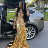 Niulatu Satin Beaded Feathers Evening Gown Long Slit Prom Dress HZ1007
