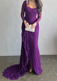 Niulatu Mermaid Split-Side Pleated Lace Evening Dress Purple Long Prom Dress HZ1007