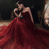 Niulatu Red Floral Lace and Tulle Long Evening Gown Party Dress Burgundy Formal Dresses HZ1007
