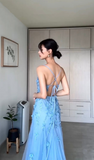 Niulatu Blue Tulle Appliques Mermaid Evening Dress Long Prom Dress HZ1007