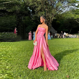 Niulatu Pink Long A Line Prom Dress Strapless Sleeveless Club Gowns Side Slit Formal Party Night Evening Dress HZ1007