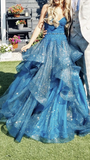 Niulatu Blue V-neck Tulle Appliques Sequins Long Prom Dress Spaghetti Strap Evening Dress HZ1007