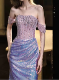 Niulatu Off Shoulder Beaded Sequin Mermaid Prom Purple Formal Evening Gown HZ1007