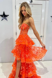 Niulatu Orange Strapless A-Line Lace Layered Appliques Prom Dress Slit Evening Dress HZ1007