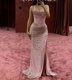 Niulatu Pink Mermaid Beaded Evening Gown Spaghetti Straps Slit Long Prom Party Dress HZ1007