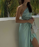 Niulatu One Shoulder Satin Party Dress Long Prom Dress Evening Dress HZ0113