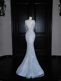 Niulatu Blue Tulle Beaded Chain V Neck Long Mermaid Prom Dress Evening Dress HZ1007
