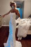 Niulatu Spaghetti Straps Mermaid White Sequin Prom Evening Dress HZ1007