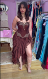 Niulatu Hot Pink Lace Chiffon Ruffles Evening Dress Strapless Prom Dress HZ1007
