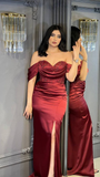 Niulatu Shoulder Burgundy High Slit Long Evening Dress Custom Mermaid Prom Dress HZ1007