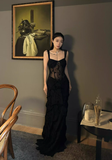 Niulatu Black Sheath Straps Lace Chiffon Long Prom Dress Evening Dress HZ0113