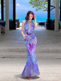 Niulatu Piece Mermaid Halter Purple Print Floral Chiffon Long Prom Dress Outfits HZ0113