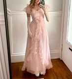 Niulatu Pink Chiffon Ruffle Evening Dress Formal A Line Prom Dress HZ1007
