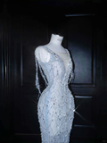 Niulatu Blue Tulle Beaded Chain V Neck Long Mermaid Prom Dress Evening Dress HZ1007
