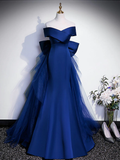 Niulatu Blue Mermaid Satin Long Prom Dress Off Shoulder Blue Evening Dress HZ1007