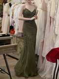 Niulatu Olive Green Mermaid Spaghetti Strap Exquisite Beaded Chiffon Prom Dress 22th Birthday Dress HZ0113