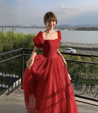 Niulatu Red Tulle A Line Prom Dress Long Evening Dress HZ1007