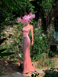 Niulatu Pink Sheath Spaghetti Strap Satin Long Prom Dress Evening Dress HZ0113