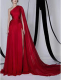 Niulatu Empire Sexy Wedding Guest Formal Evening Dress One Shoulder Sleeveless Court Train Chiffon with Beading HZ1007