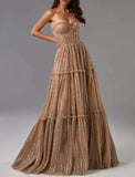 Niulatu A-Line Evening Gown Glittering Dress Formal Wedding Guest Floor Length Sleeveless Strapless Tulle with HZ1007