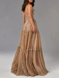 Niulatu A-Line Evening Gown Glittering Dress Formal Wedding Guest Floor Length Sleeveless Strapless Tulle with HZ1007