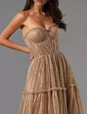 Niulatu A-Line Evening Gown Glittering Dress Formal Wedding Guest Floor Length Sleeveless Strapless Tulle with HZ1007