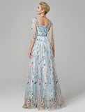 Niulatu A-Line Evening Gown Party Dress Floral Dress Holiday Wedding Guest Floor Length 3/4 Length Sleeve Illusion Neck Lace with HZ1007