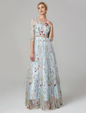 Niulatu A-Line Evening Gown Party Dress Floral Dress Holiday Wedding Guest Floor Length 3/4 Length Sleeve Illusion Neck Lace with HZ1007
