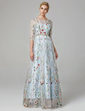 Niulatu A-Line Evening Gown Party Dress Floral Dress Holiday Wedding Guest Floor Length 3/4 Length Sleeve Illusion Neck Lace with HZ1007