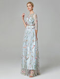 Niulatu A-Line Evening Gown Party Dress Floral Dress Holiday Wedding Guest Floor Length 3/4 Length Sleeve Illusion Neck Lace with HZ1007